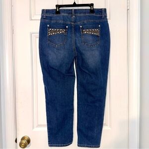 Chico’s embellished High-Rise straight leg Dark Blue ankle cropped jeans M or 10